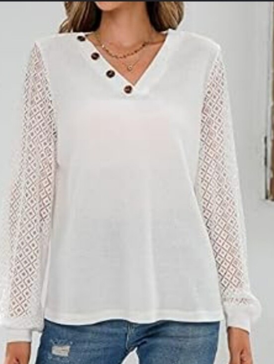 Tops - White Lace-Sleeve V-Neck Women's Top